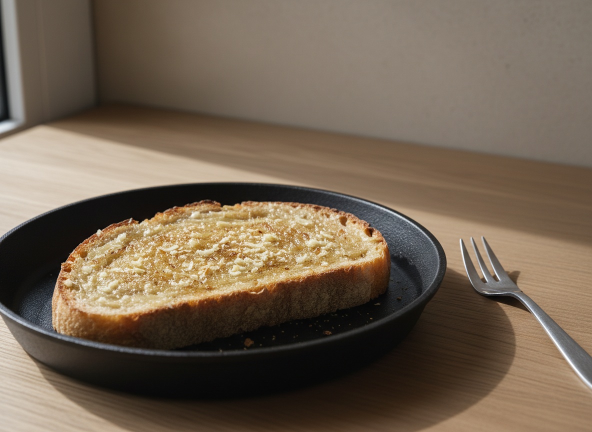 Tosta caliente frotada con la cara cortada de un diente de ajo.