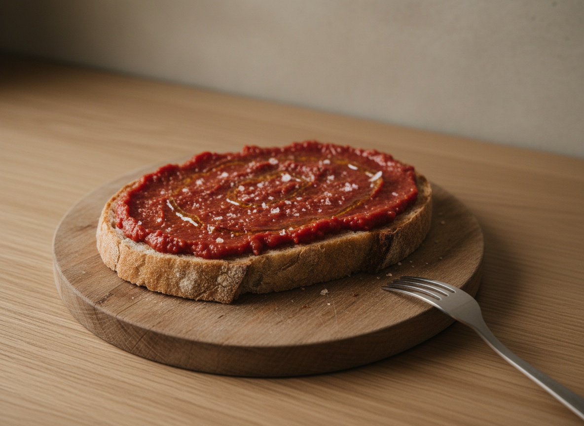 Pulpa de tomate escurrida napada sobre el pan con un hilo de aceite y escamas de sal.