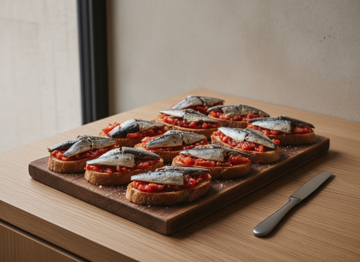 Lomos de sardina ahumada colocados sobre el tomate con la piel plateada hacia arriba.