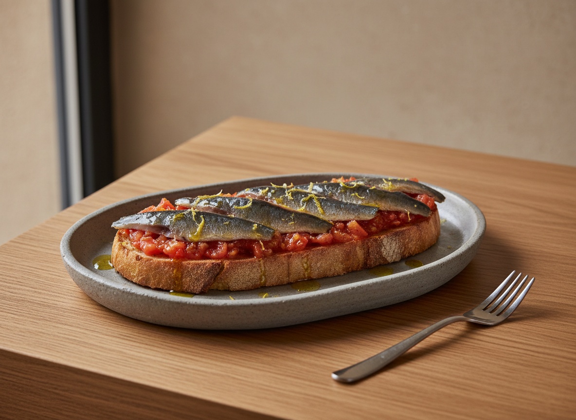 Tosta aliñada con un hilo de aceite en crudo y ralladura de limón sobre la sardina.