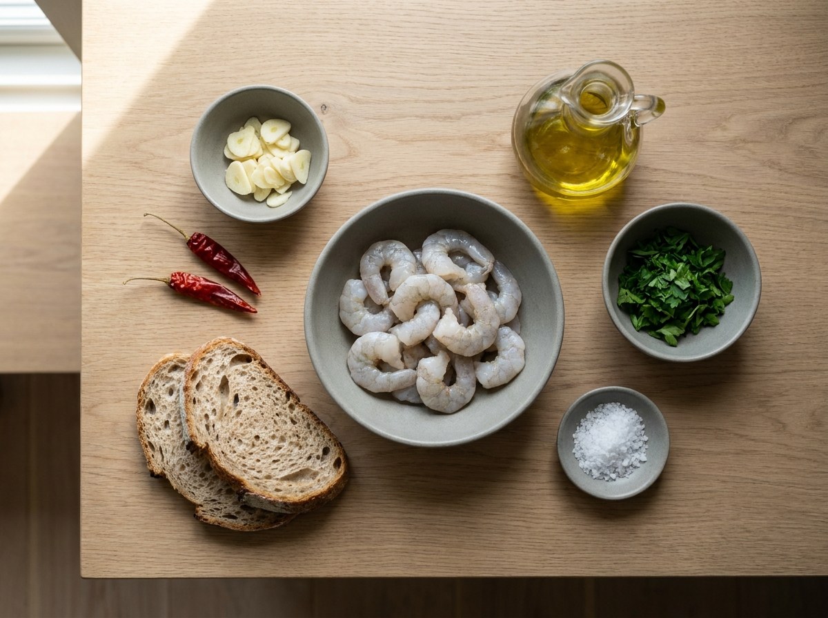 Mise en place: gambas peladas, ajo laminado, guindilla, pan rústico, perejil y aceite sobre superficie neutra