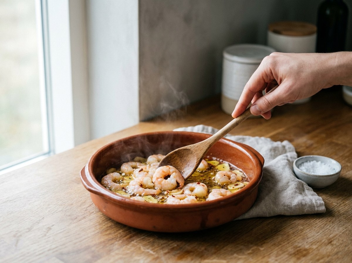 Gambas salteándose rosadas en el aceite de ajillo