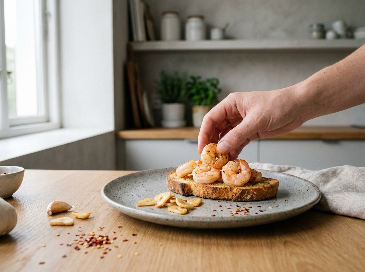 Gambas al ajillo colocadas sobre la tosta con ajo dorado