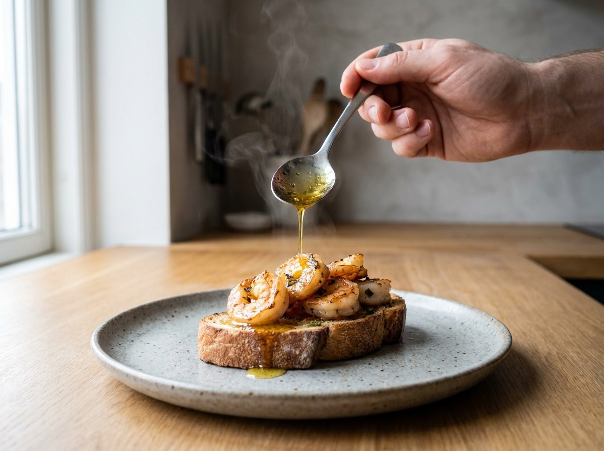 Aceite de ajillo caliente regándose sobre las gambas y el pan