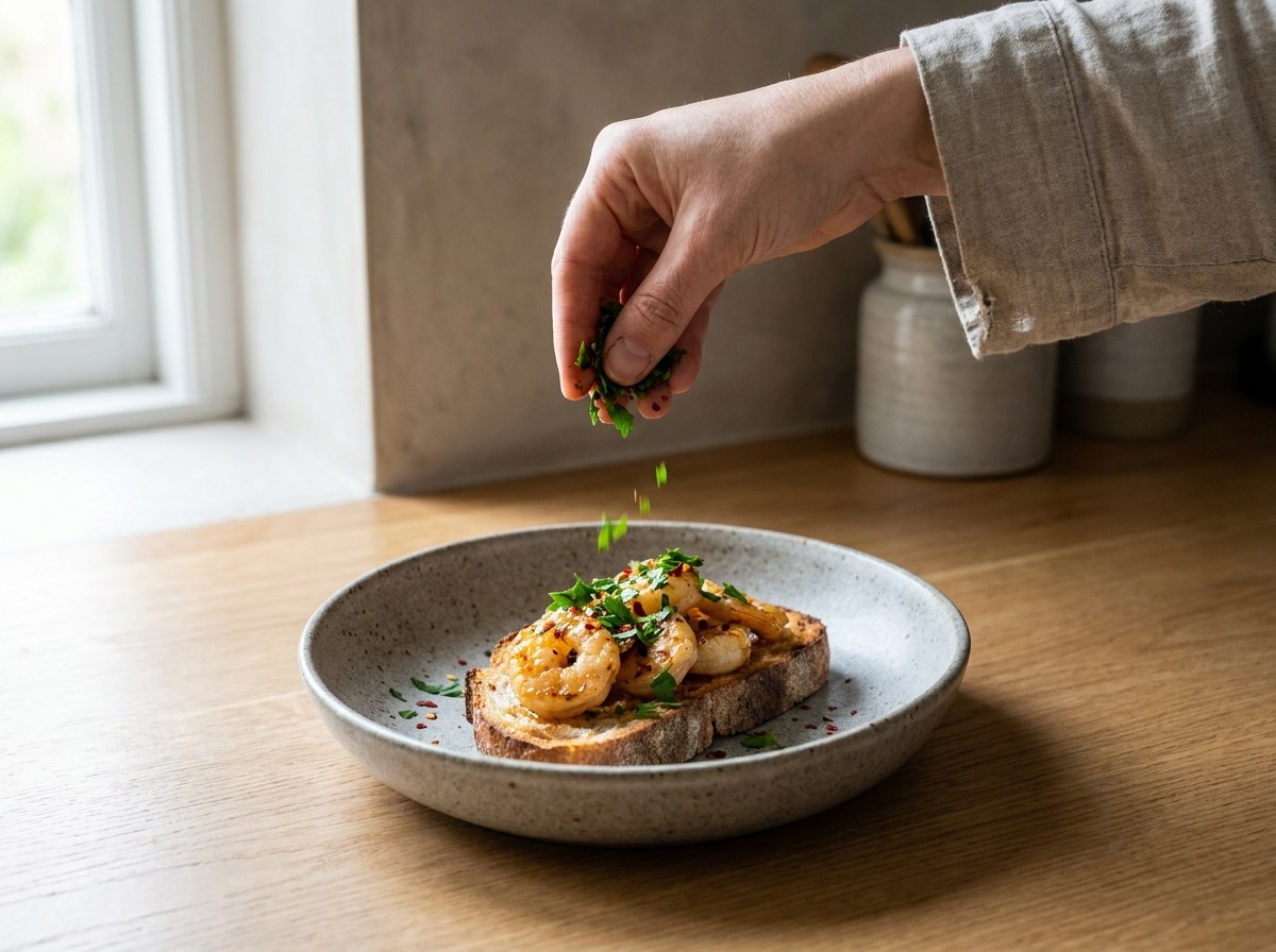 Tosta de gambas terminada con perejil picado y copos de guindilla