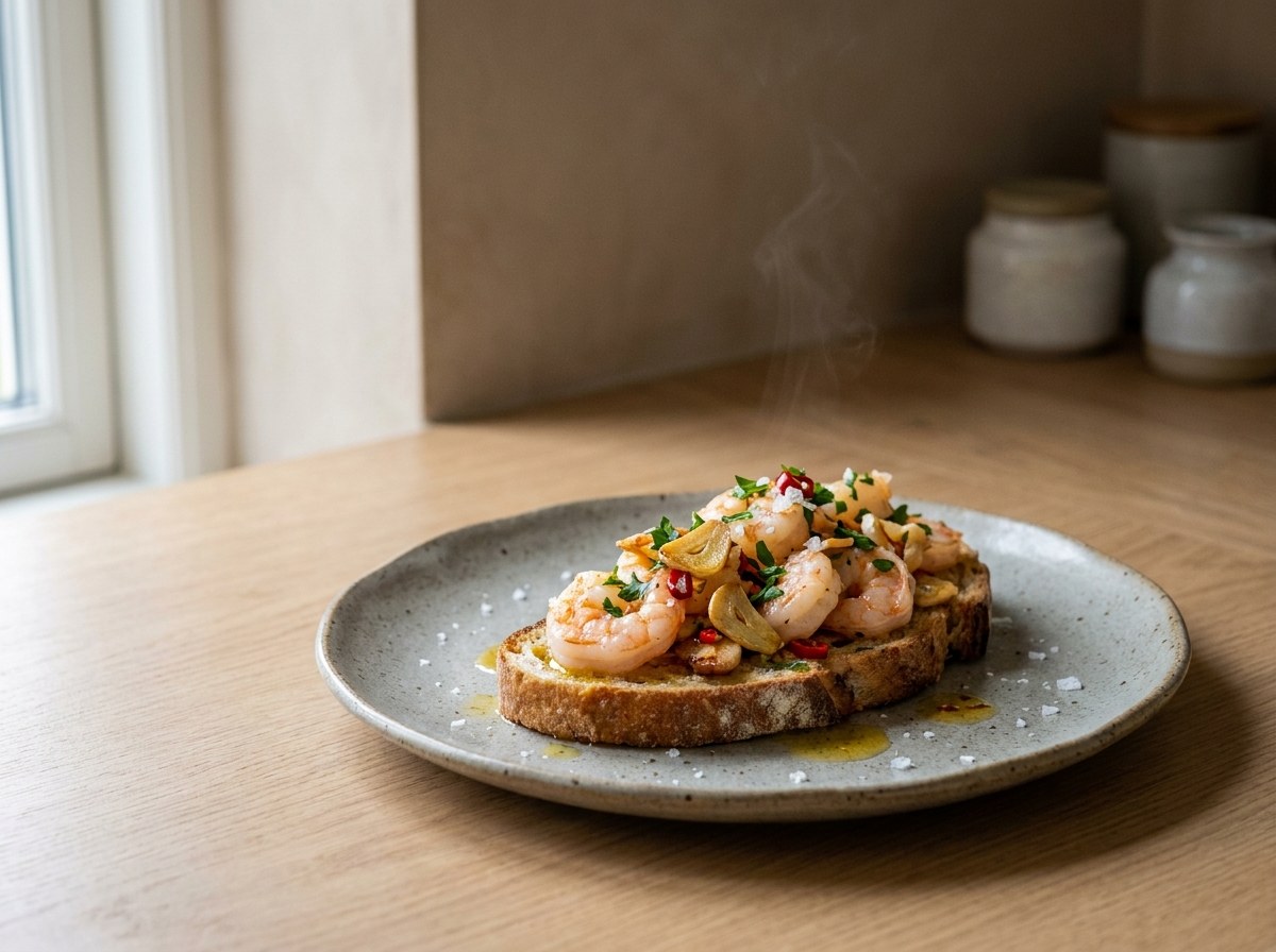 Garlic prawns toast with sliced garlic, chili and parsley in golden garlic oil on a stone-grey ceramic plate, soft left window light, faint steam, fine dining presentation