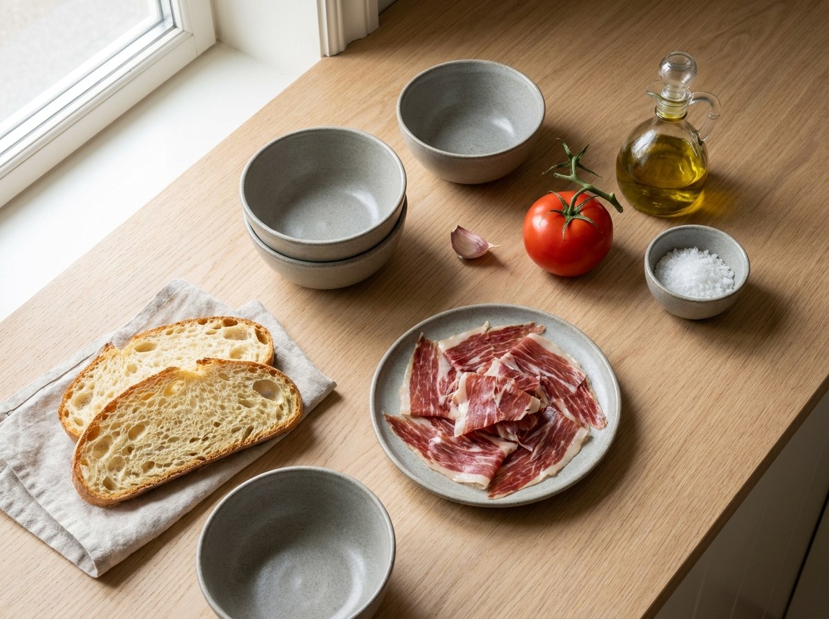 Mise en place: pan de cristal, jamón ibérico, tomate de rama, ajo y aceite de oliva sobre superficie neutra