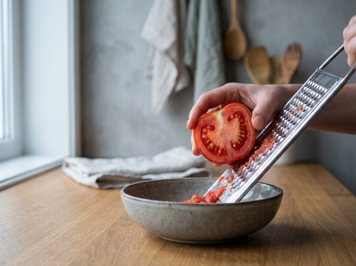 Tomate maduro rallándose sobre un bol
