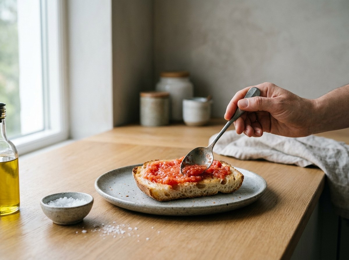 Tomate rallado extendiéndose sobre la tosta