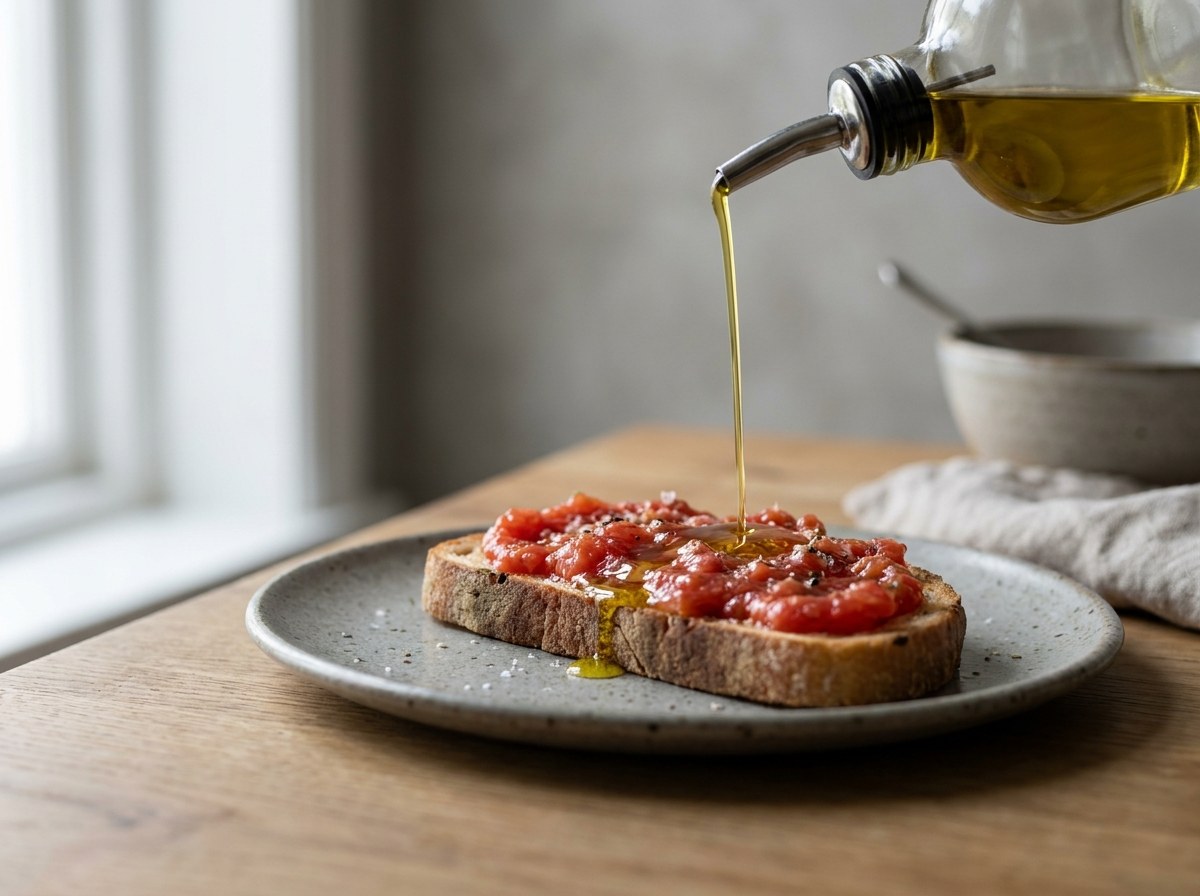 Aceite de oliva virgen extra regándose sobre el pan con tomate