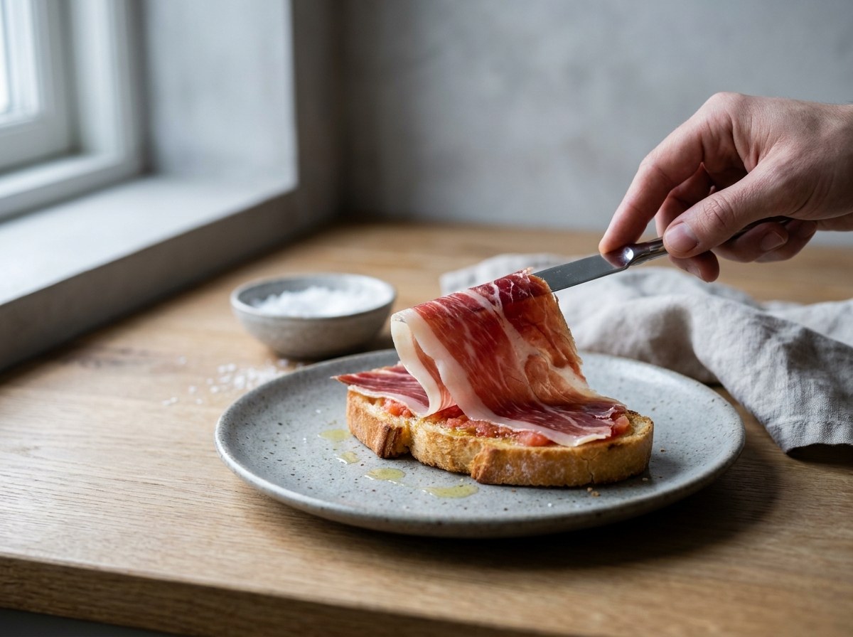 Lonchas de jamón ibérico colocándose en pliegues sobre el pan con tomate