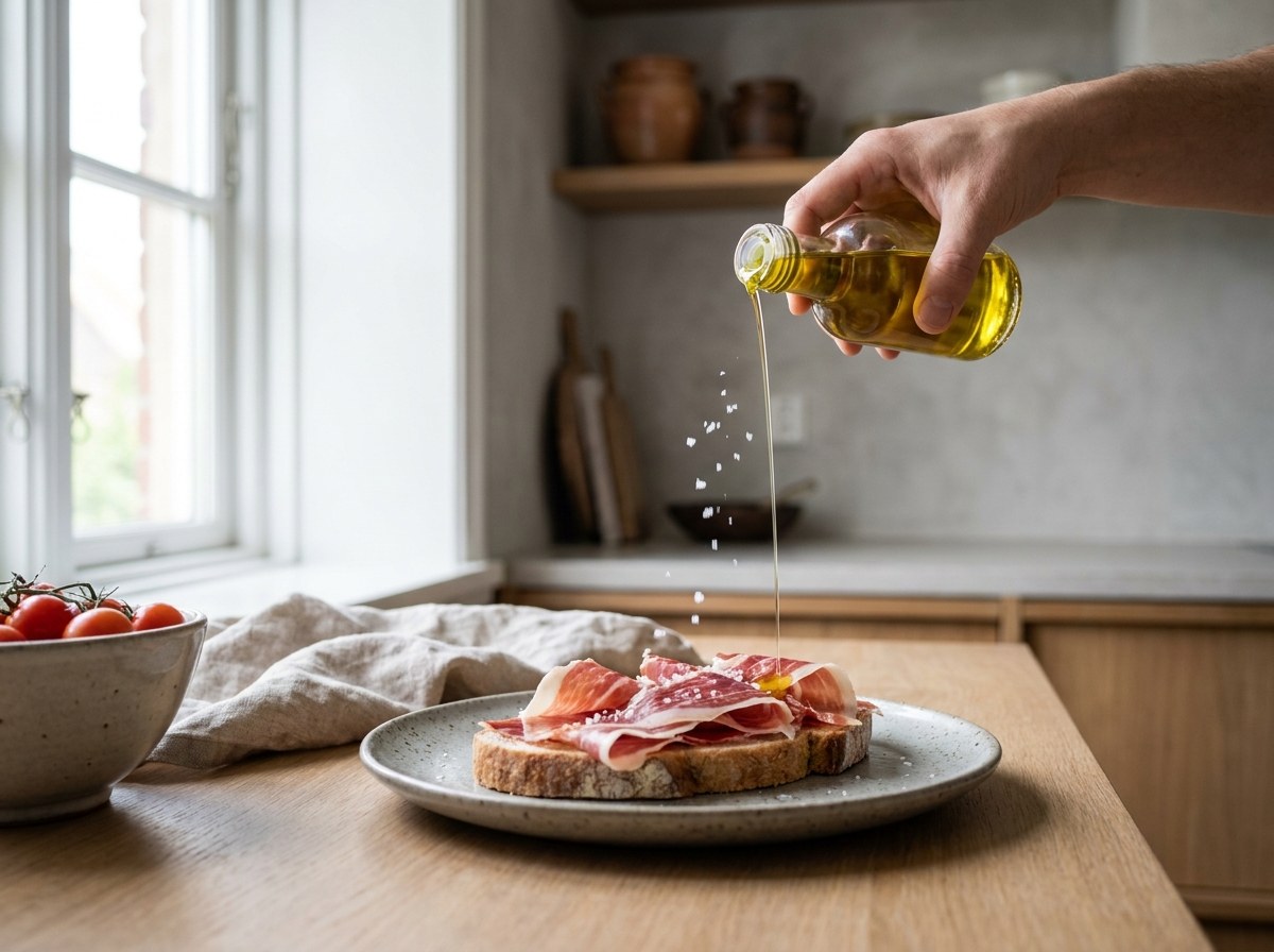 Tosta de jamón terminada con un hilo de aceite y flor de sal