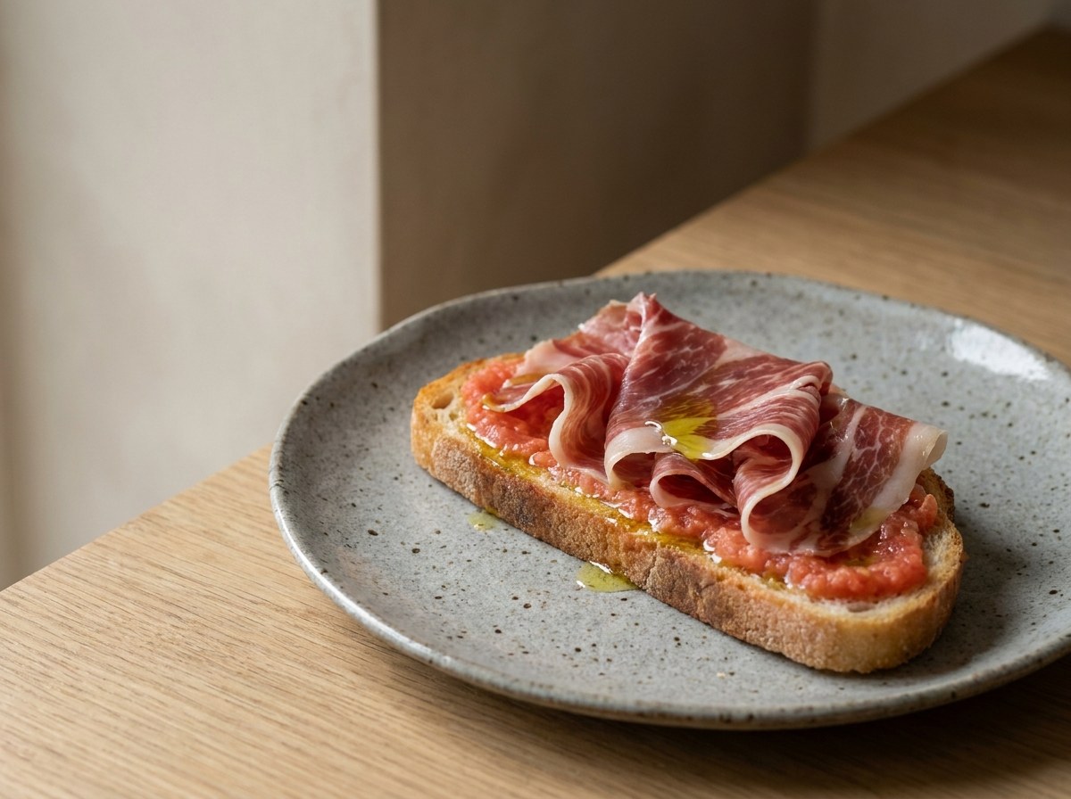 Pan con tomate toast topped with hand-carved Iberian acorn-fed ham draped in folds, drizzled with olive oil on a stone-grey ceramic plate, soft left window light, fine dining presentation