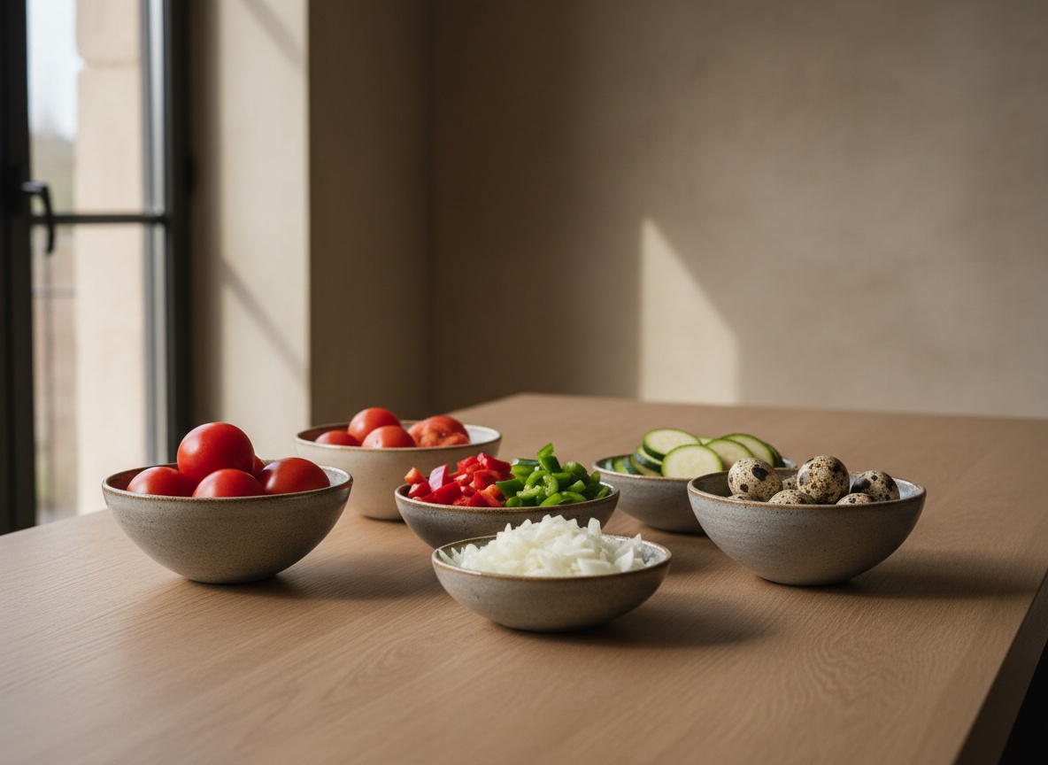Tomate, pimientos rojo y verde, calabacín, cebolla y huevos de codorniz en cuencos de cerámica gris piedra vistos de lado, sobre tabla de roble mate con luz natural por la izquierda.