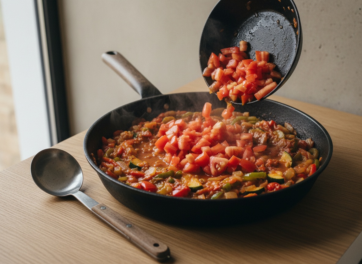 Tomate troceado añadido al pisto, reduciendo a fuego suave hasta espesar y perder el color crudo.