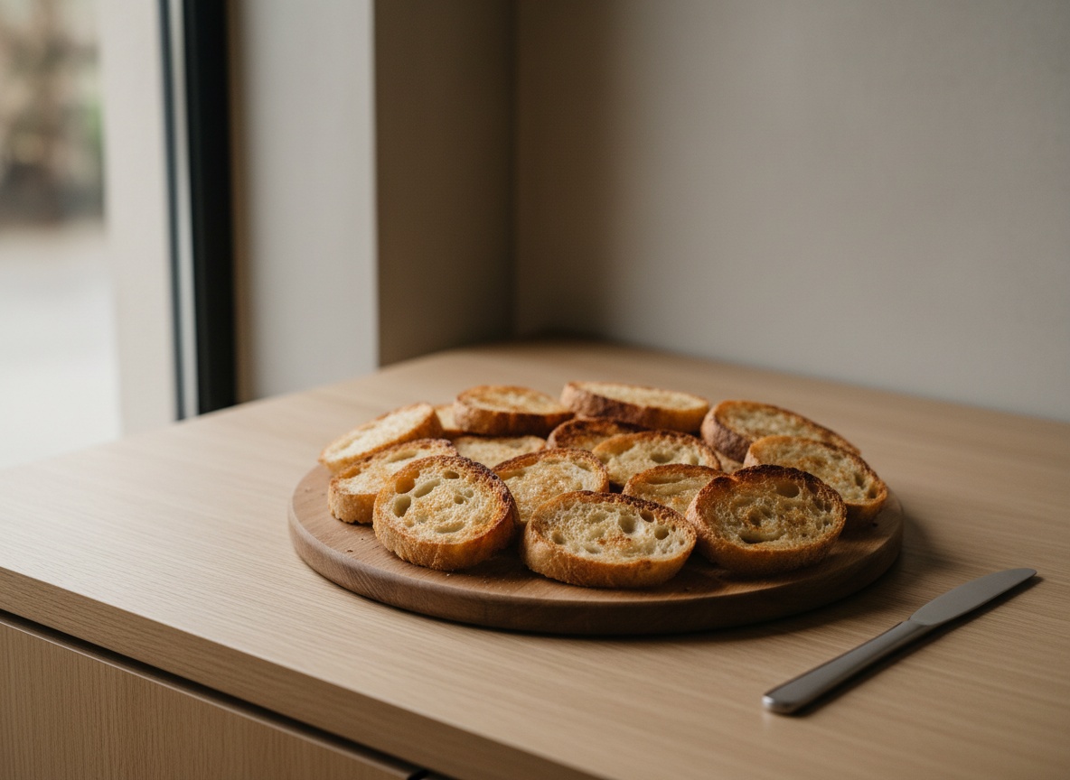 Rebanadas de pan de hogaza doradas y crujientes recién tostadas sobre la tabla de roble.