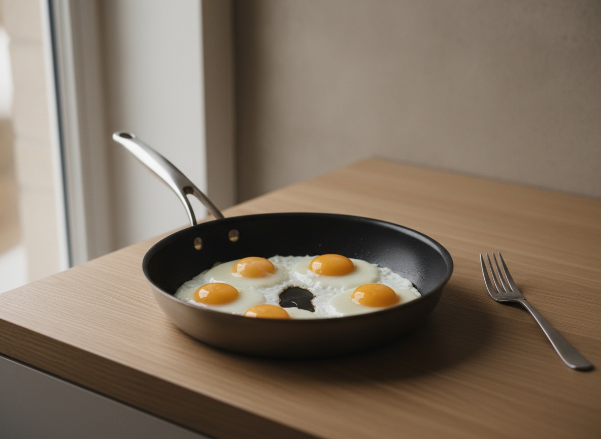 Huevos de codorniz friéndose en la sartén con la clara cuajada y la yema todavía líquida.