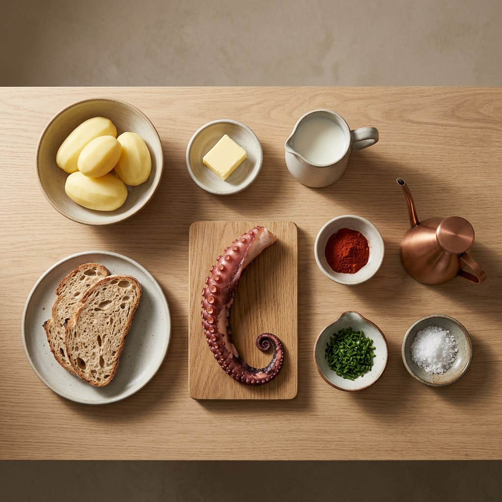 Mise en place: pata de pulpo cocida, patatas, mantequilla, leche, pimentón de la Vera, pan y cebollino sobre superficie neutra