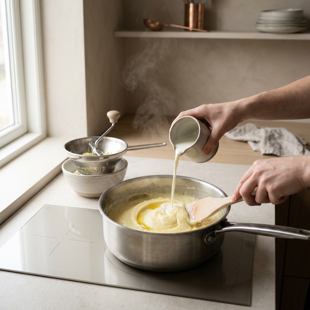 Parmentier de patata sedoso trabajándose con aceite y leche
