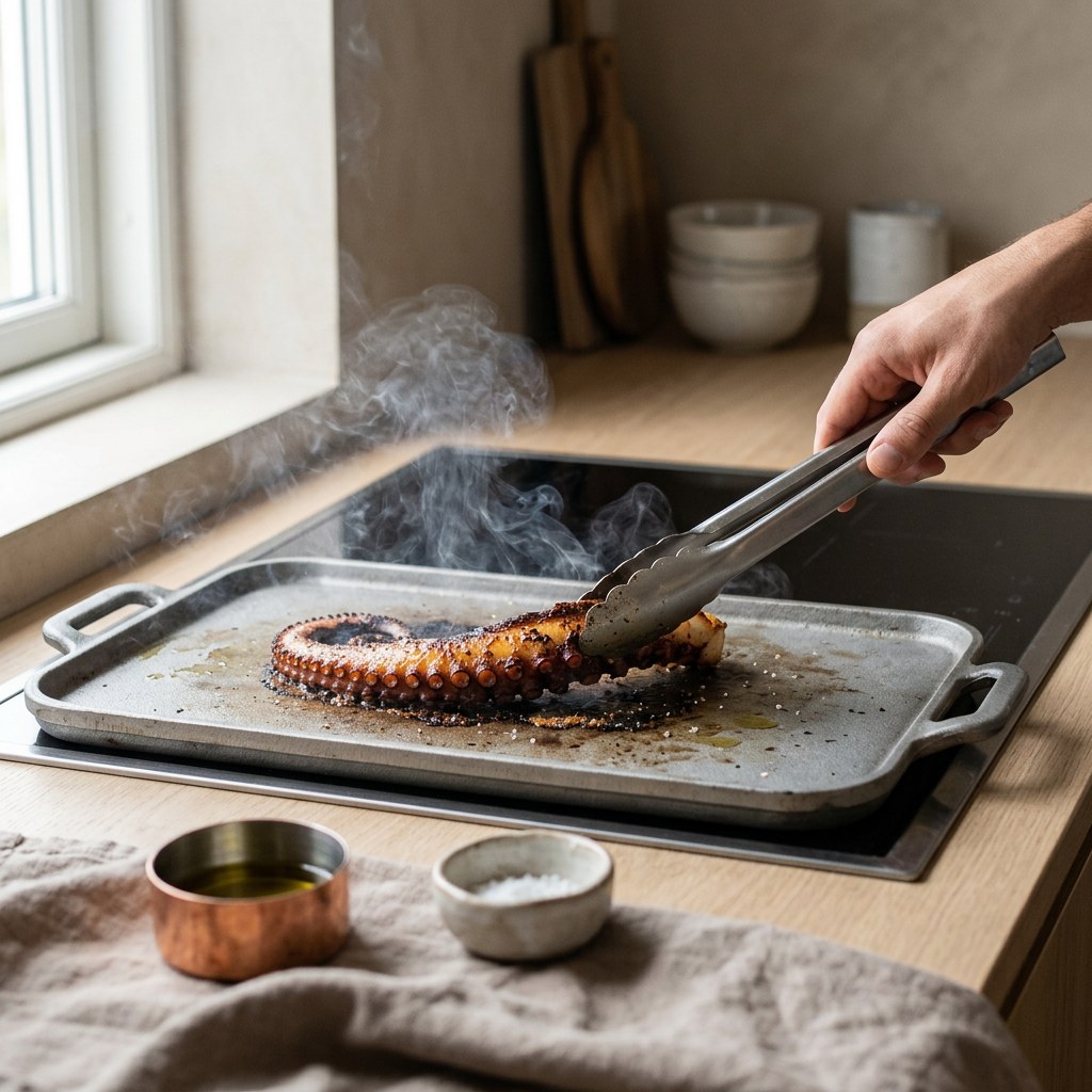 Pata de pulpo marcándose dorada en una plancha de hierro caliente
