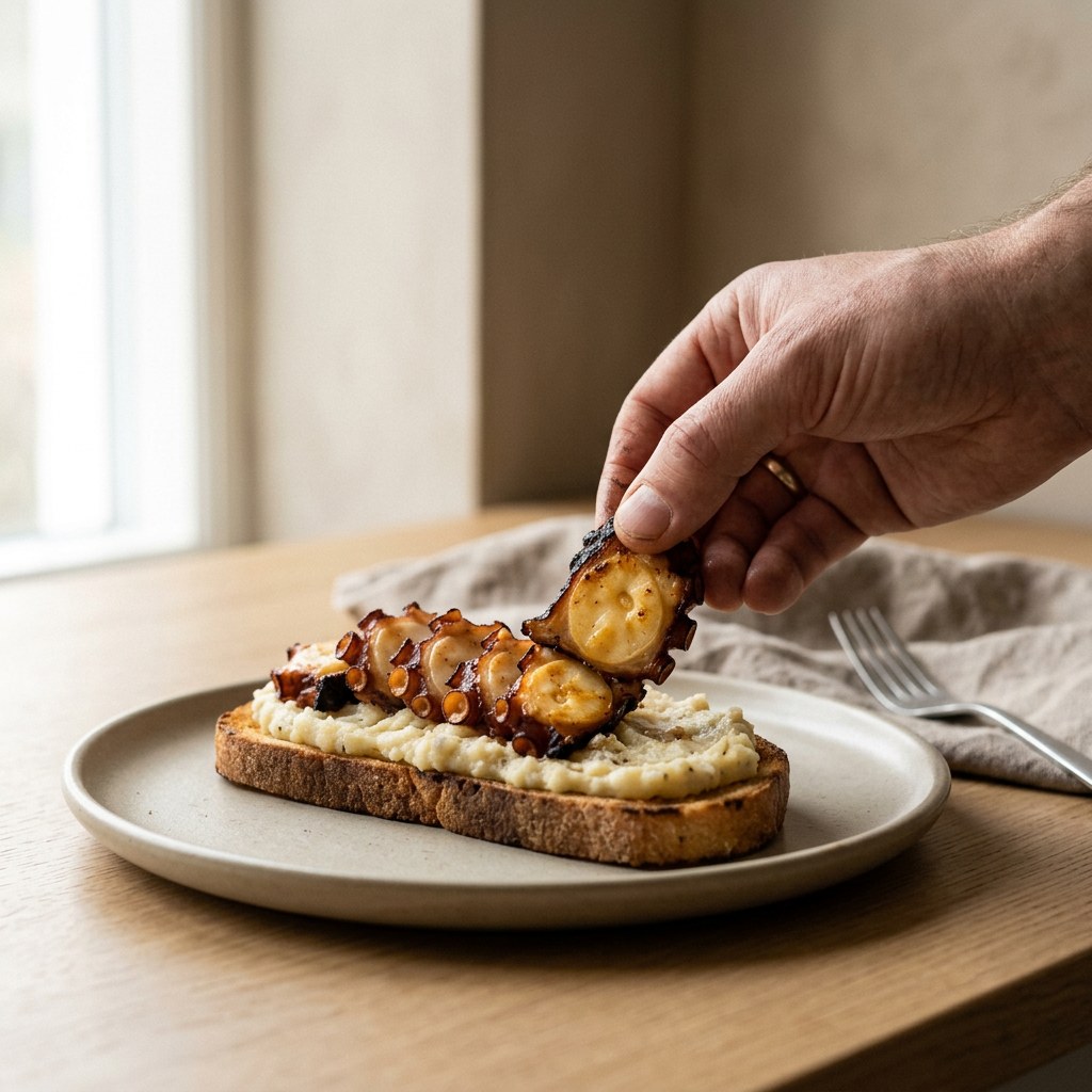 Rodajas de pulpo a la brasa colocadas sobre el parmentier