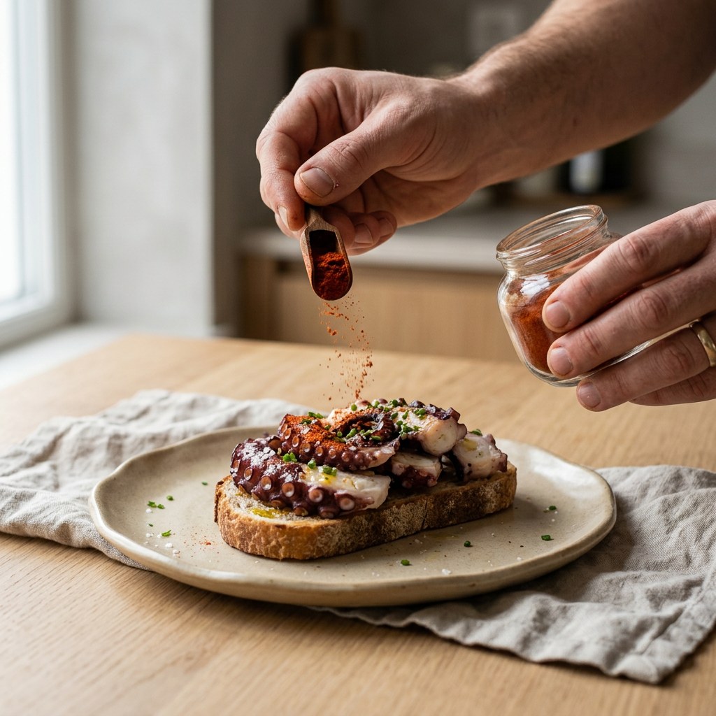 Tosta de pulpo espolvoreada con pimentón de la Vera y regada con aceite