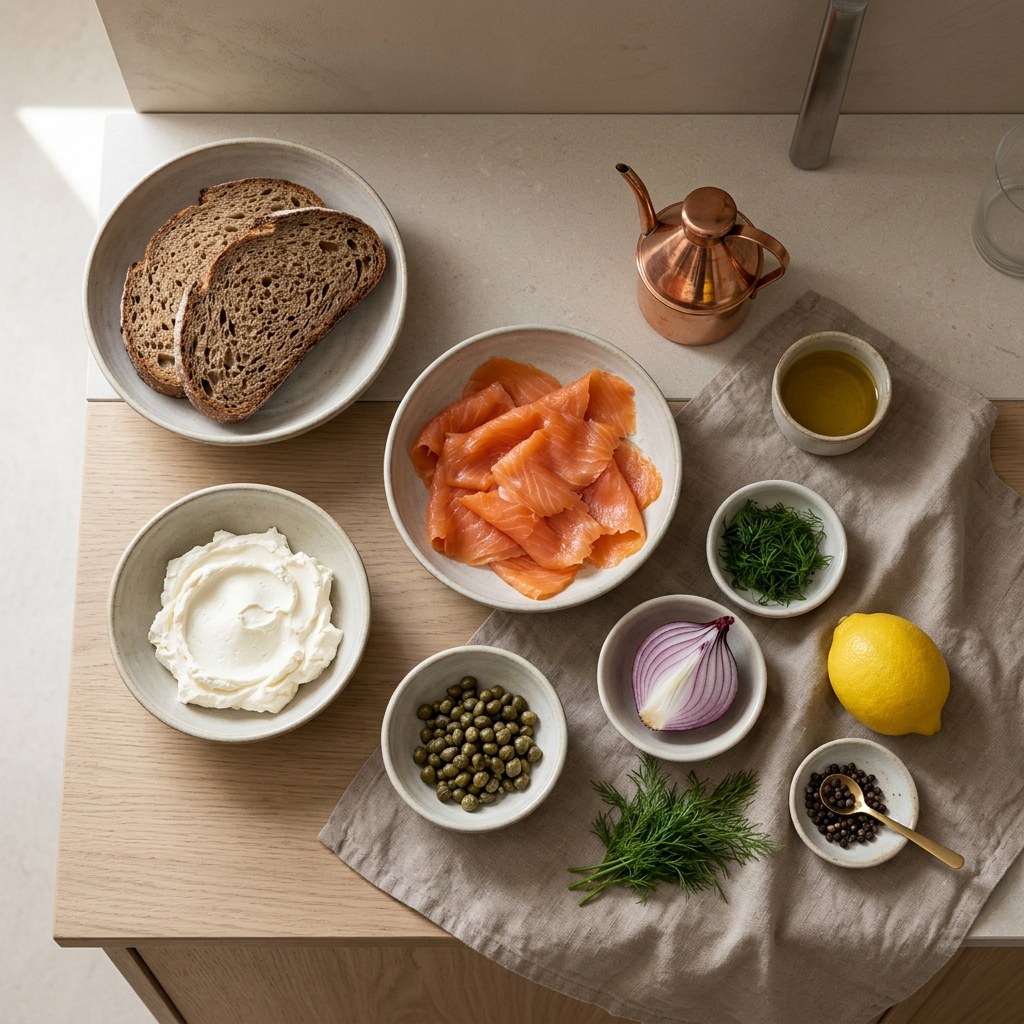 Mise en place: pan de centeno, salmón ahumado, queso crema, alcaparras, cebolla roja, limón y eneldo sobre superficie neutra