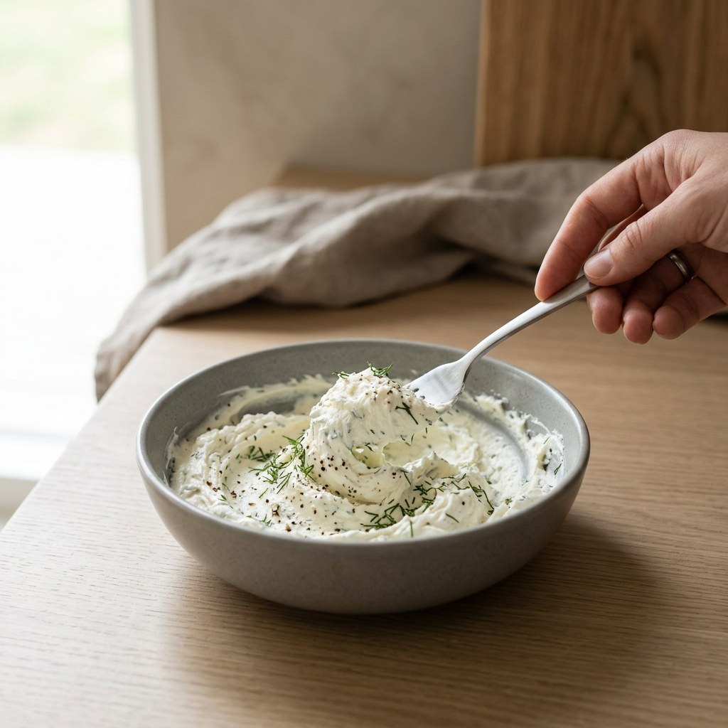 Queso crema batiéndose con limón y eneldo en un bol