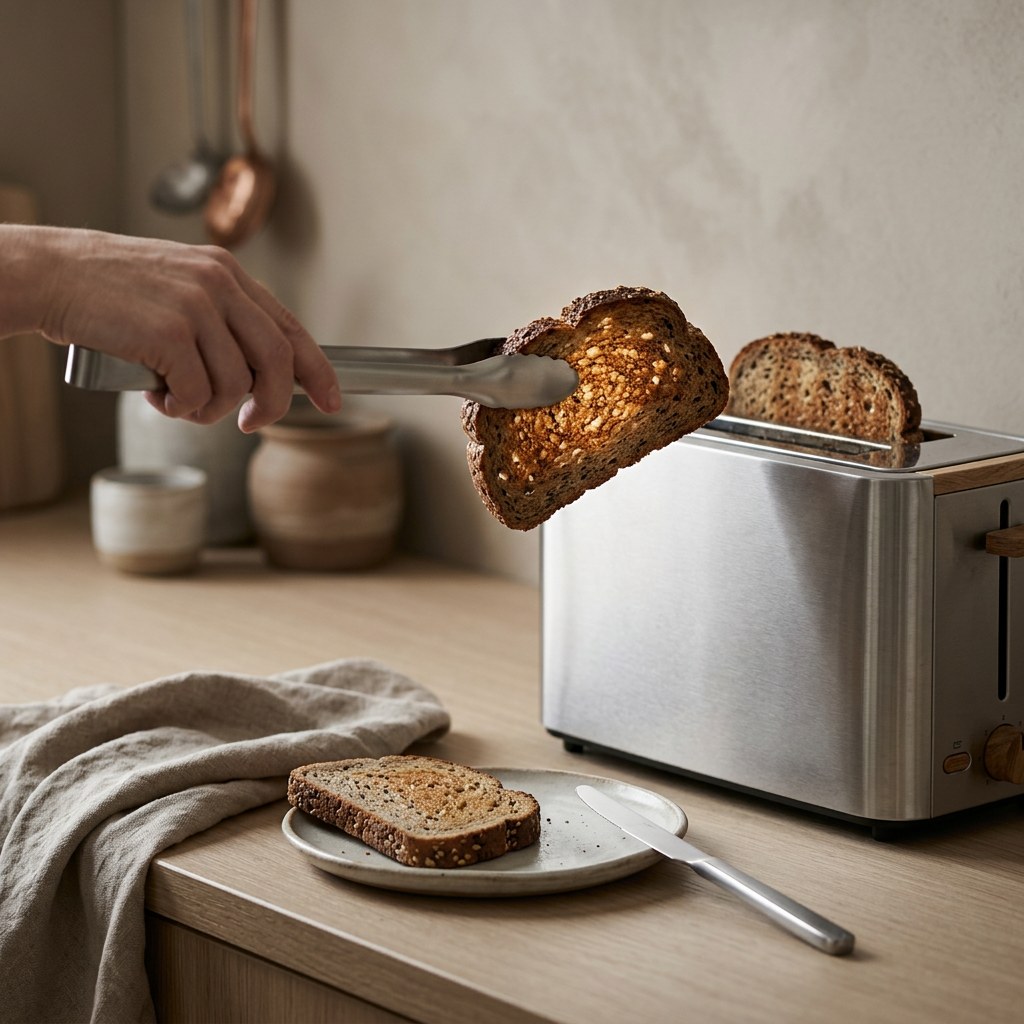 Rebanadas de pan de centeno tostándose doradas