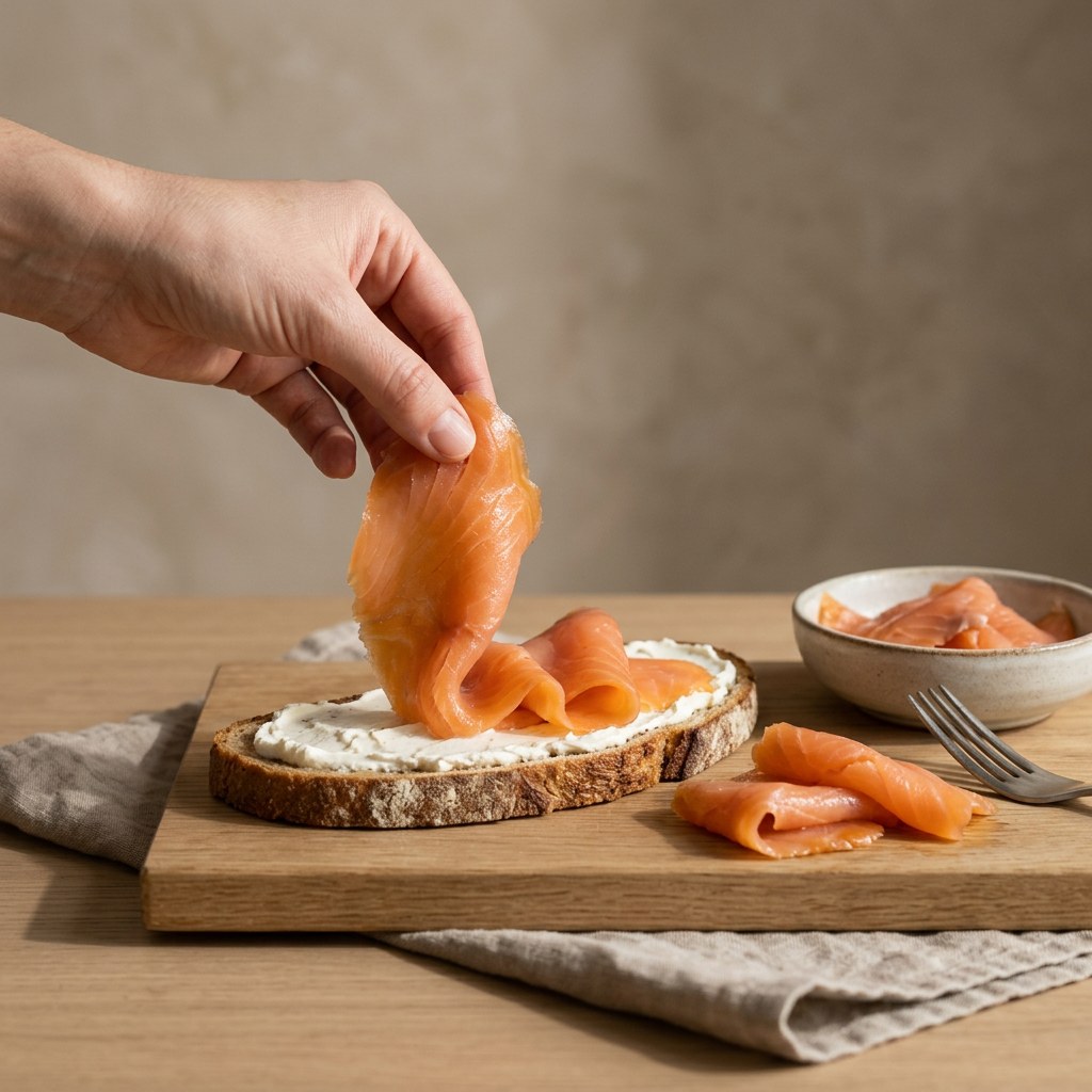 Lonchas de salmón ahumado plegadas en ondas sobre el queso crema