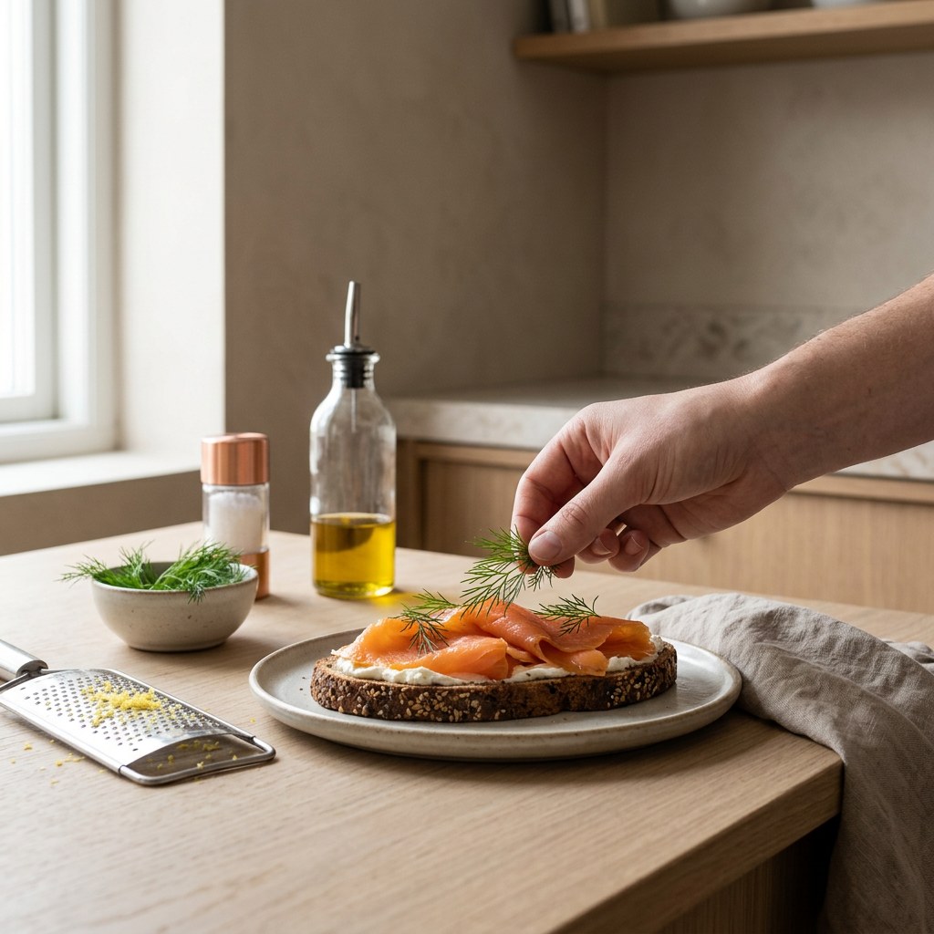 Tosta de salmón terminada con eneldo, ralladura de limón y aceite