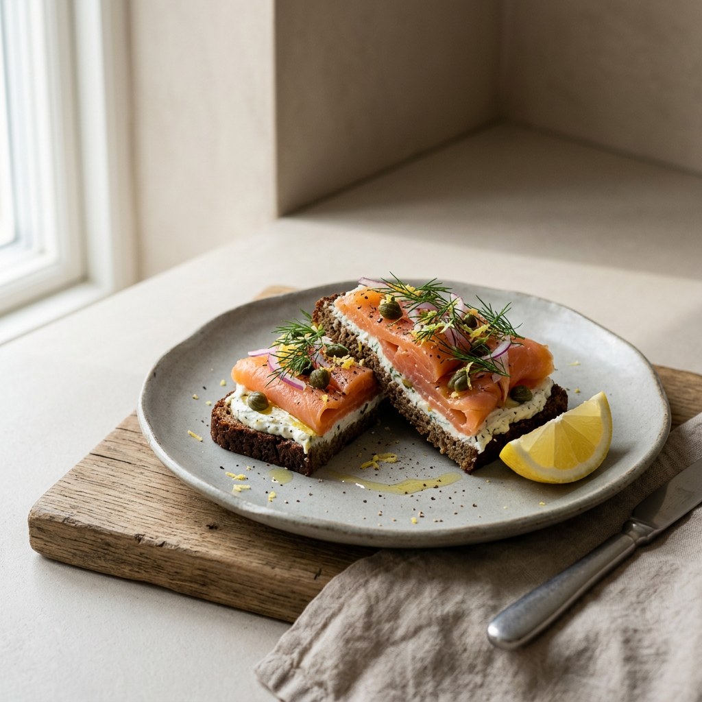 Rye toast with whipped lemon-dill cream cheese, folded smoked salmon, capers, red onion and dill on a stone-grey ceramic plate, soft left window light, fine dining presentation