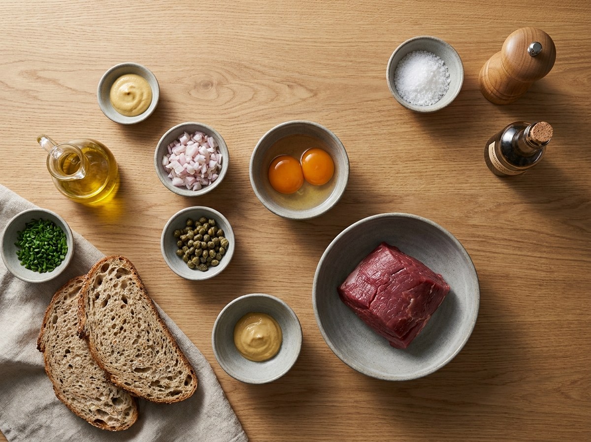 Mise en place: solomillo de ternera, yema curada, chalota, alcaparras, mostaza, pan y cebollino sobre superficie neutra