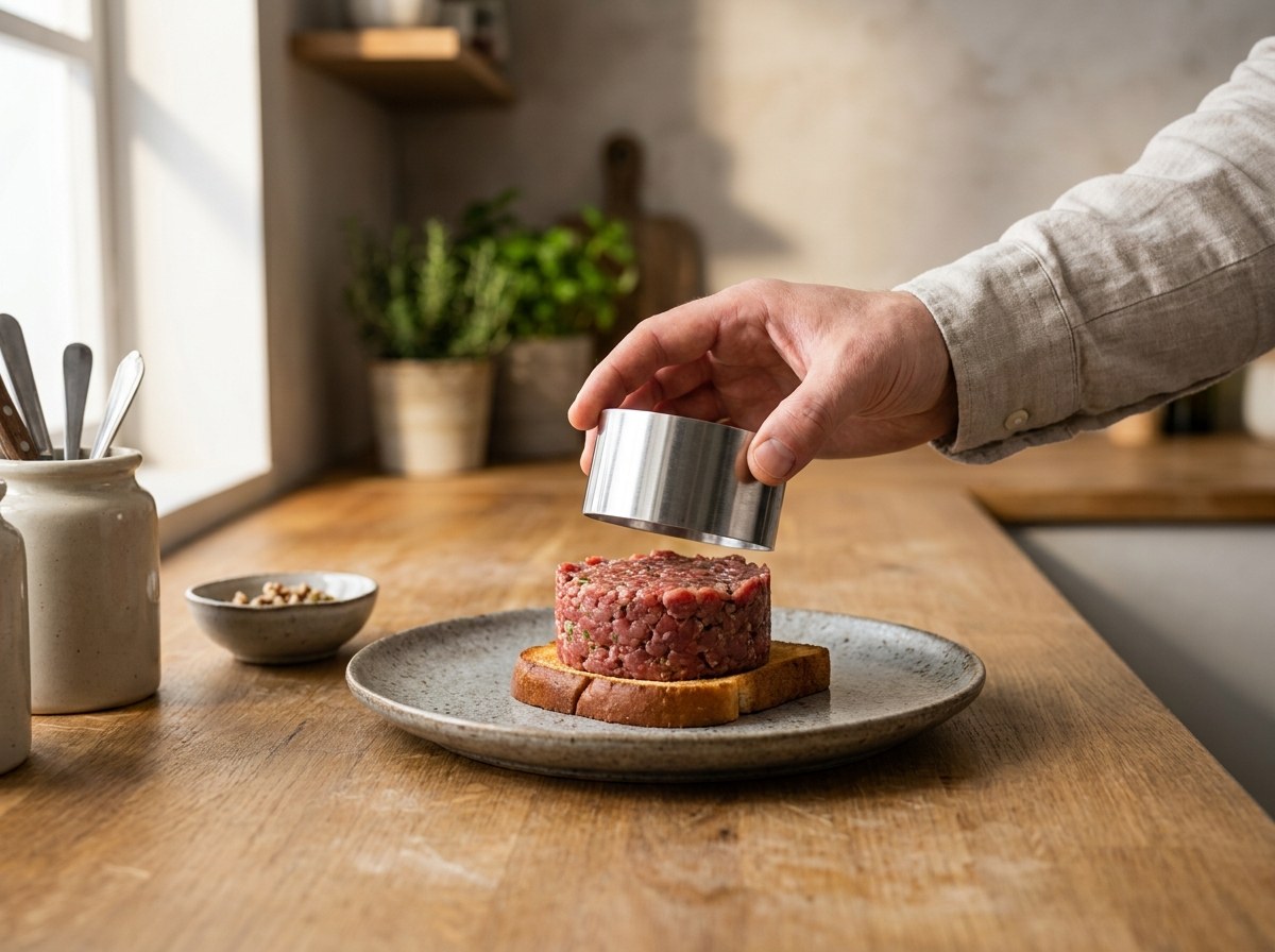 Tartar moldeándose con un aro de emplatar sobre la tosta