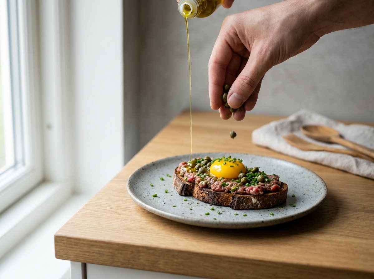 Tosta de tartar terminada con alcaparras, cebollino y aceite