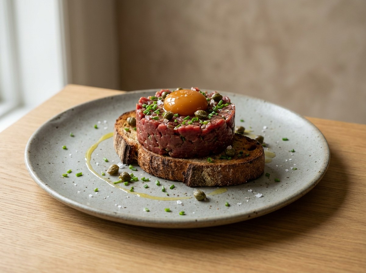 Steak tartar toast crowned with a salt-cured egg yolk and capers, chives and olive oil on a stone-grey ceramic plate, soft left window light, fine dining presentation