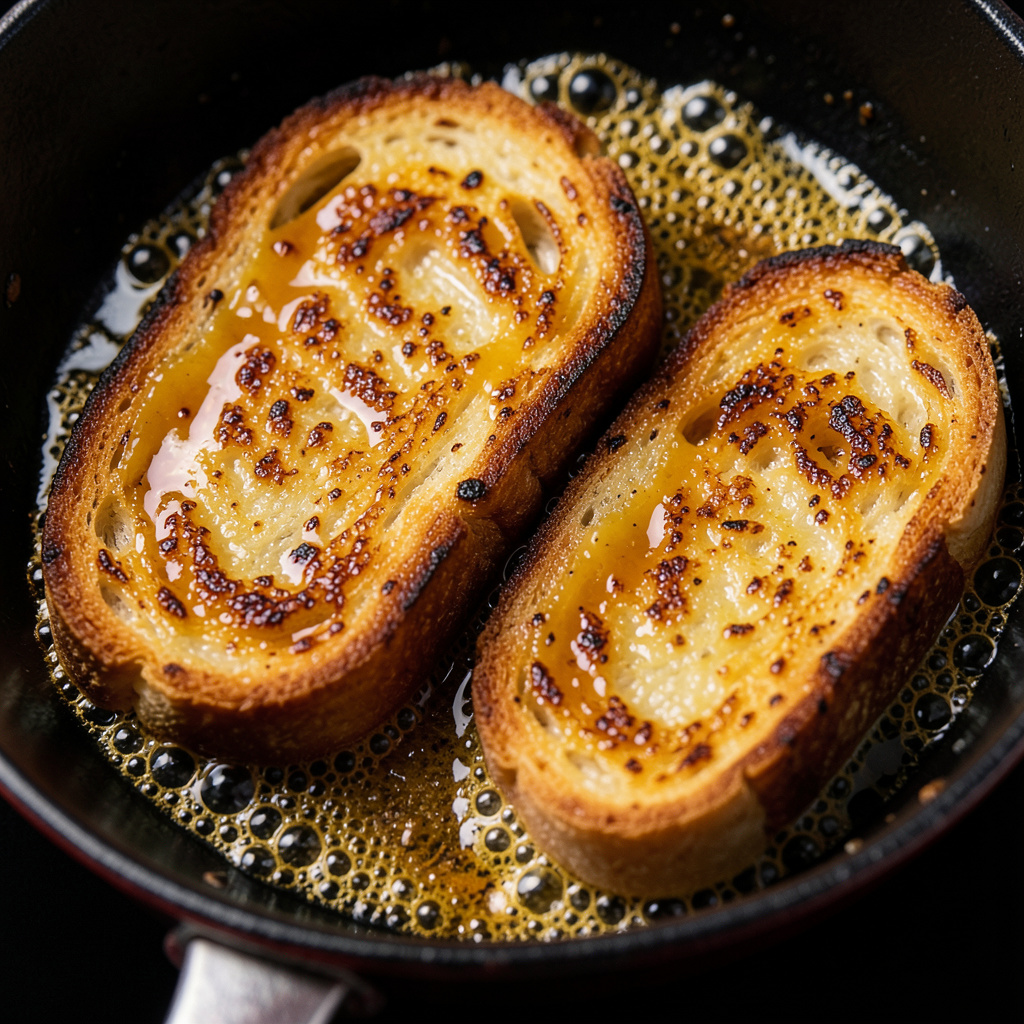 Brioche tostandose en beurre noisette dorado intenso