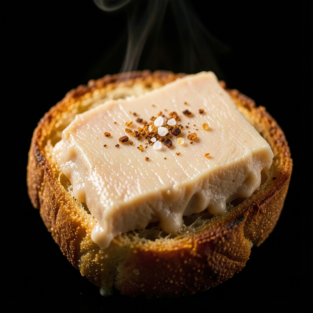 Rodaja de tuetano caliente sobre el brioche tostado, fundiendose