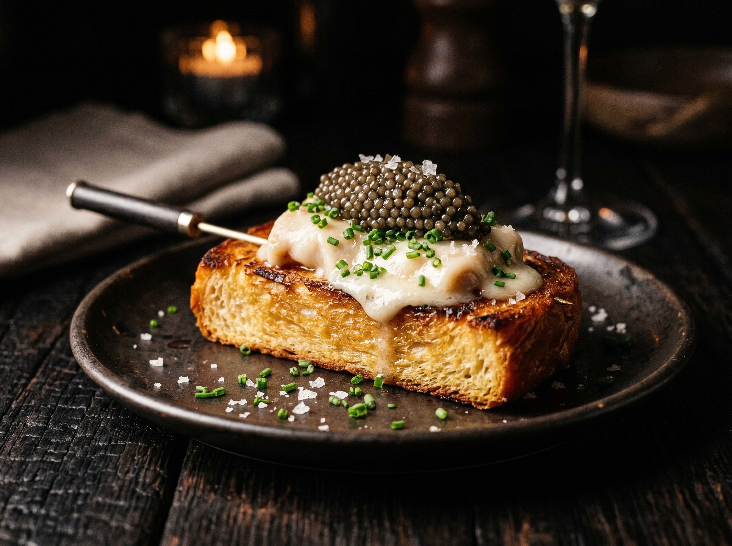 Brioche de mantequilla tostada con tuétano pochado y sal ahumada de Maldon