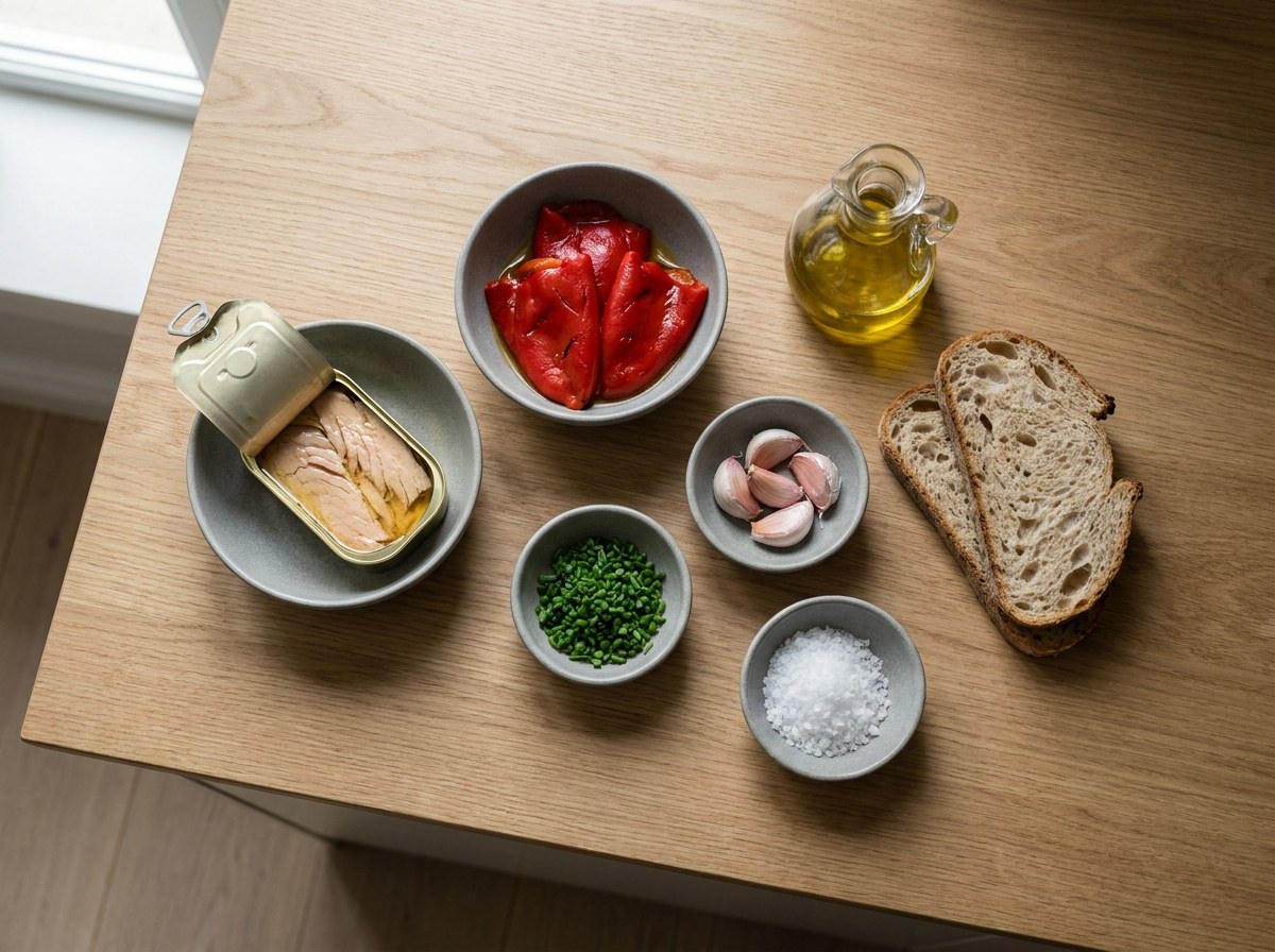 Mise en place: ventresca de bonito, pimientos del piquillo, ajo, pan rústico, cebollino y aceite sobre superficie neutra