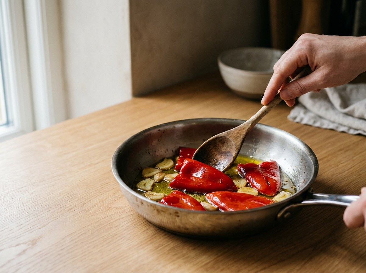 Pimientos del piquillo confitándose con ajo laminado en aceite