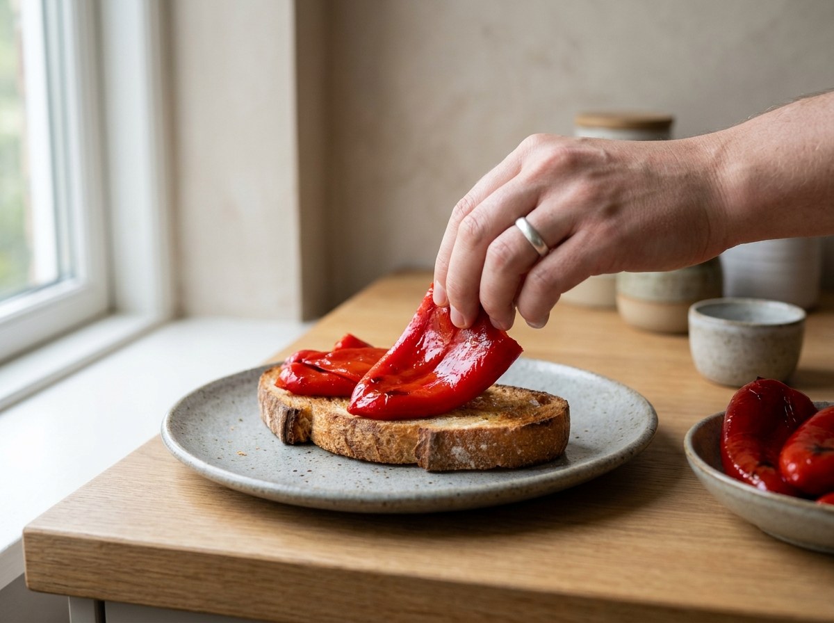 Pimientos del piquillo estirados sobre la tosta como base