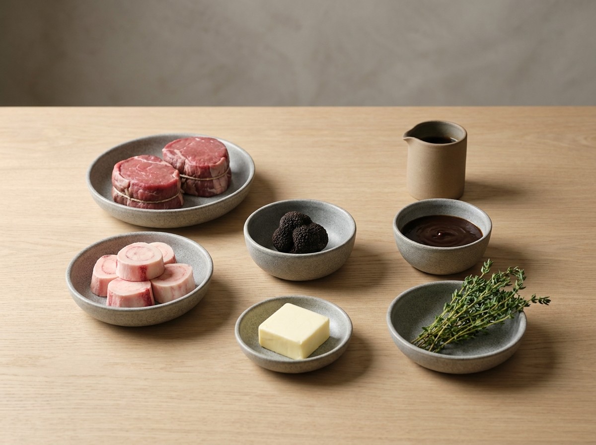 Ingredientes: tournedos de ternera lechal, discos de médula, trufa, Madeira y demi-glace