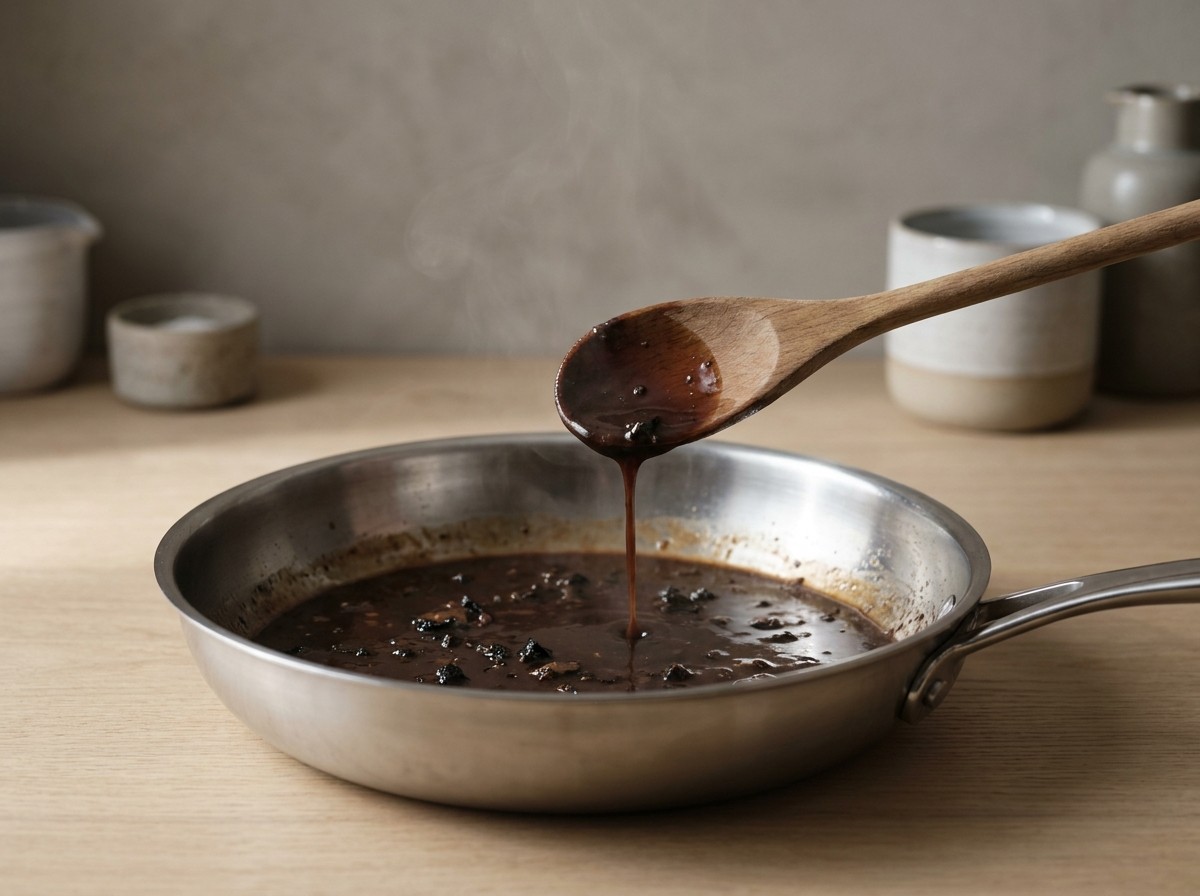 Salsa Périgueux de Madeira y trufa reduciéndose en la sartén