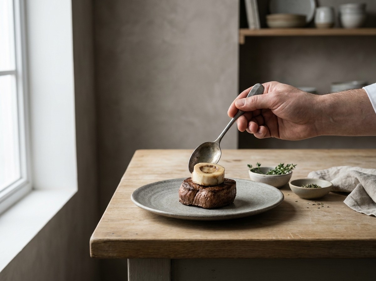 Tournedos coronado con un disco de médula en el plato