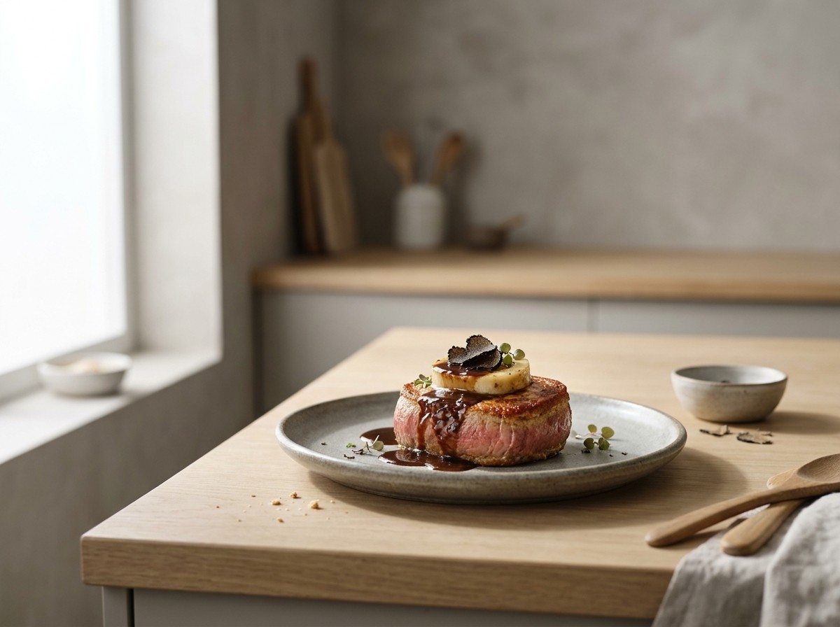 Tournedos de ternera lechal en plato de cerámica gris piedra: medallón coronado por un disco de médula fundente, napado con salsa Périgueux de Madeira y láminas de trufa negra.