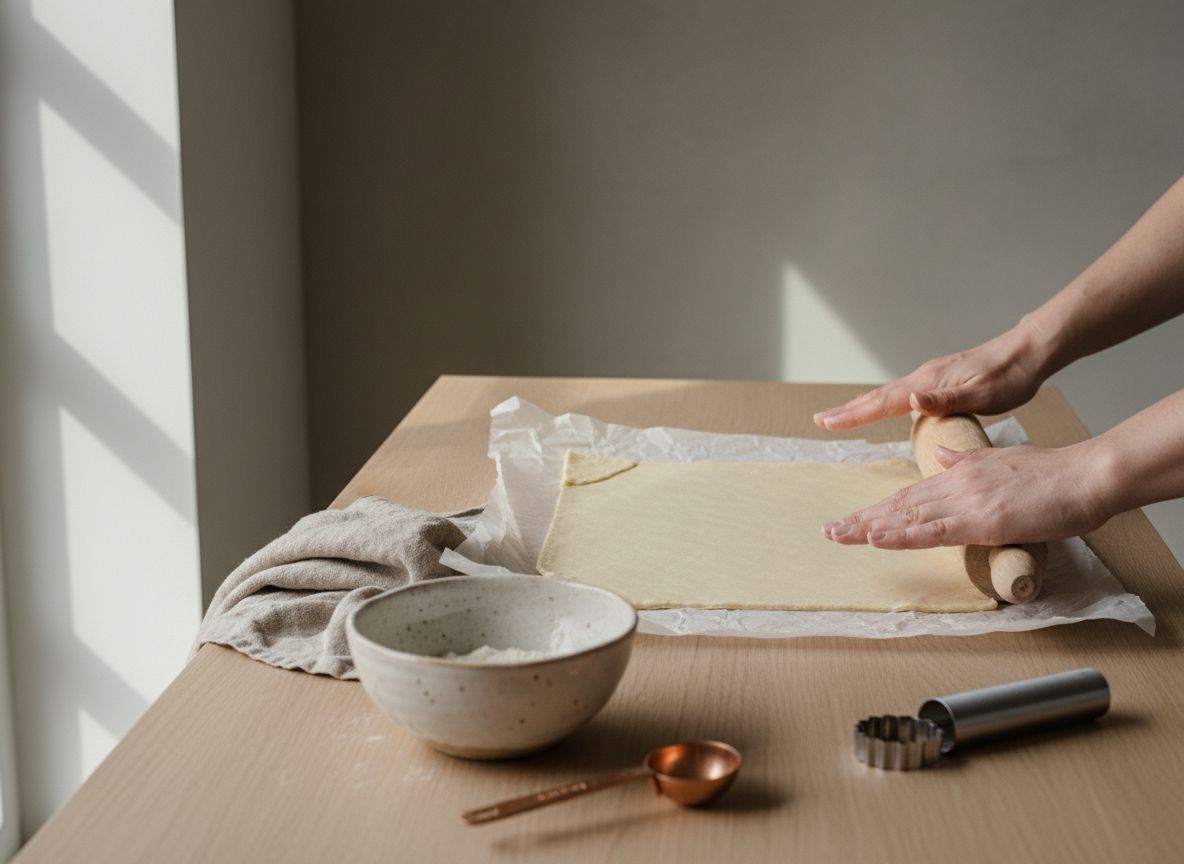 Extiende una lámina de hojaldre sobre papel de horno formando un rectángulo de unos 25 × 35 cm, con el lado largo h