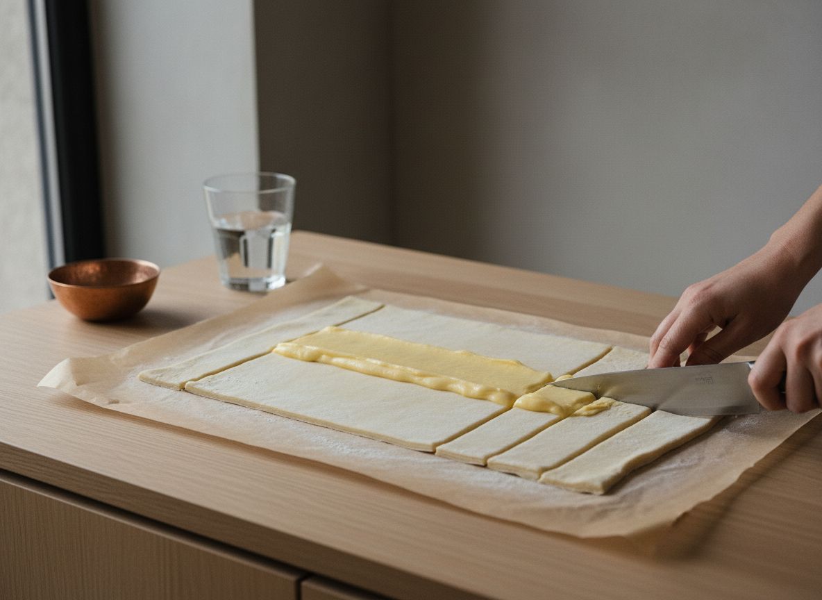 Con un cuchillo bien afilado o un cortapizzas, haz cortes diagonales paralelos de 2 cm de ancho a ambos lados de la