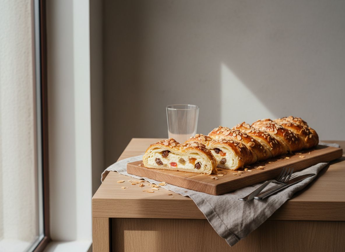 Trenza de Almudévar de hojaldre dorado y trenzado relleno de crema, cubierta de almendra laminada, fruta confitada y glaseado brillante, una porción cortada mostrando las capas y la crema