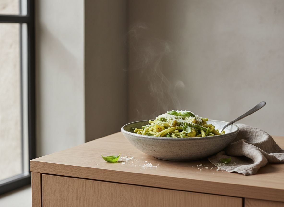 Trofie al pesto genovés de color verde vivo en cuenco de cerámica gris piedra, con dados de patata, judía verde y queso, con un ligero vapor, luz natural suave desde la izquierda.